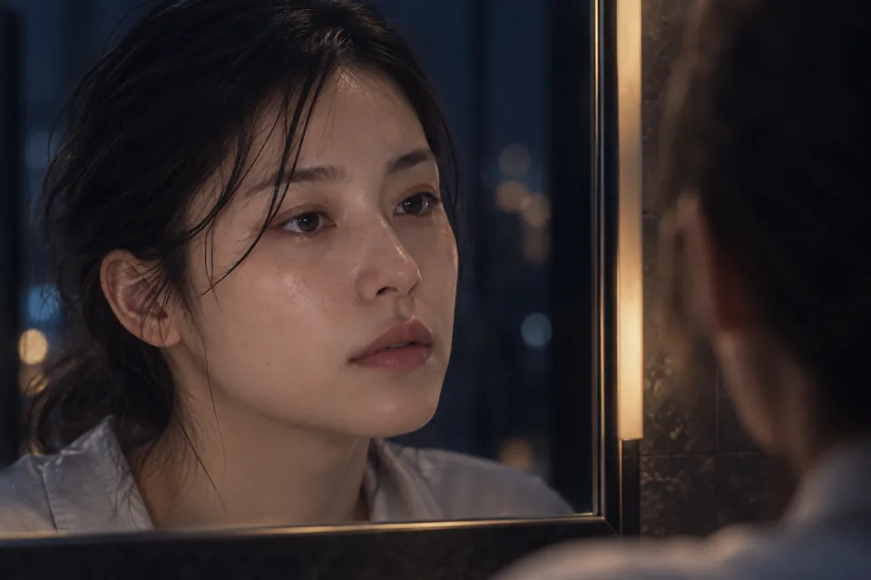 洗面所の鏡に映る、少し疲れた表情の女性