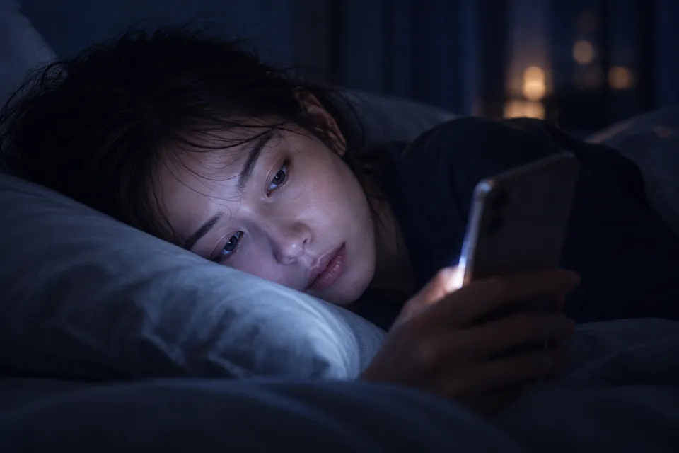暗い寝室で、スマートフォンの光に照らされる女性