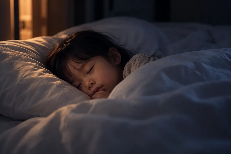 白い布団で眠る子ども