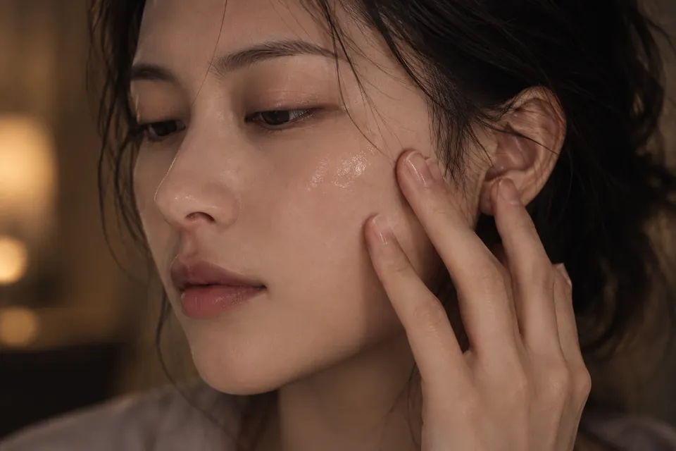 指先で頬に美容液をなじませる女性
